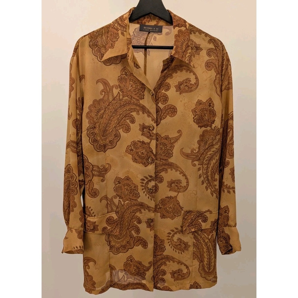 Designs & Co Lane Bryant Sheer Button Up Paisley Shirt 1X Brown & Gold Flowy